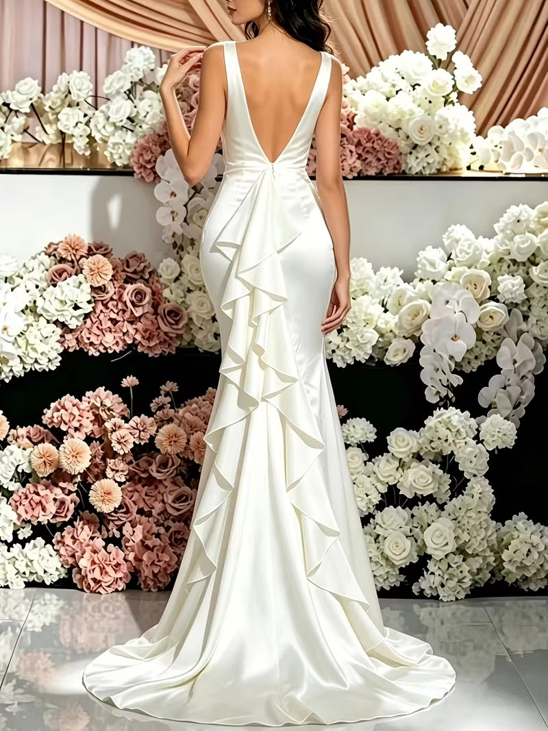 Women's Elegant White Backless Mermaid Evening Gown – Slim-Fit Formal Dress
