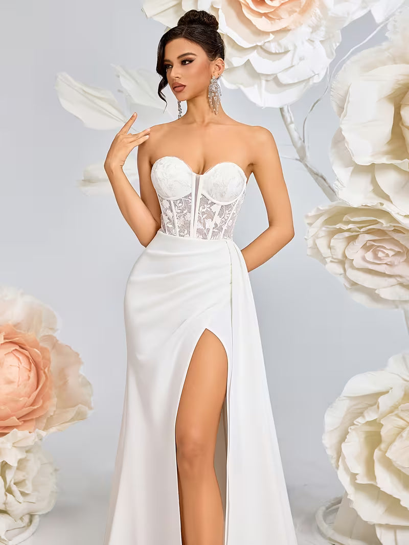 Women's Elegant Openwork Lace-Up Evening Gown with High Waist & Side Slit