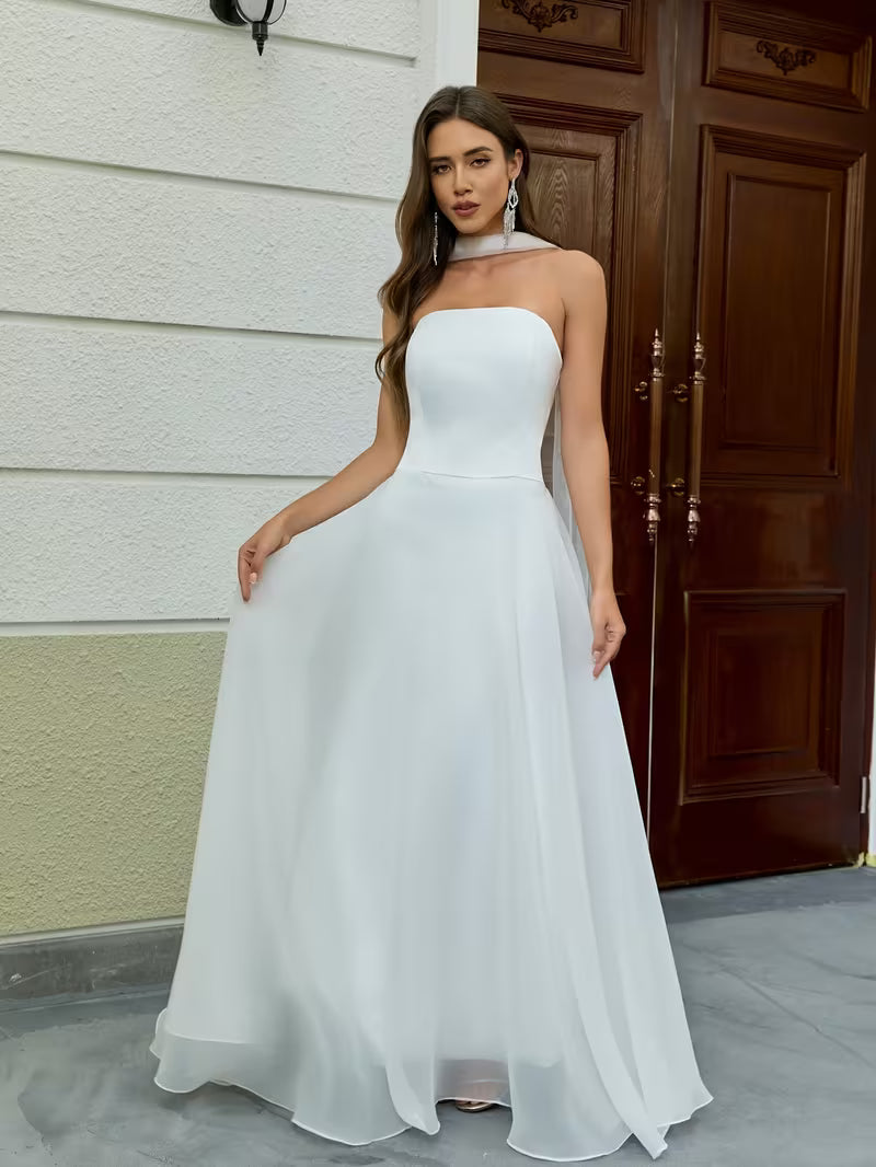 Women's Elegant Strapless White Wedding Dress – Long Bridal  Evening Gown