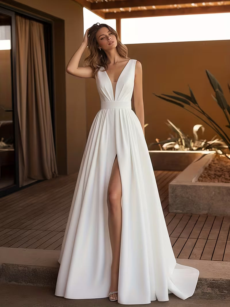 Women's Elegant Deep V-Neck Wedding Dress – High-Slit Bridal &amp; Evening Gown