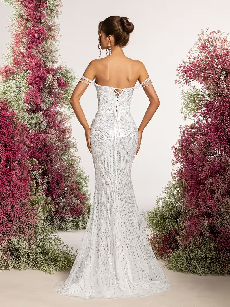 Women's White Strapless Mermaid Prom Dress – Beaded Sequin Bridal Gown with Full-Length Train