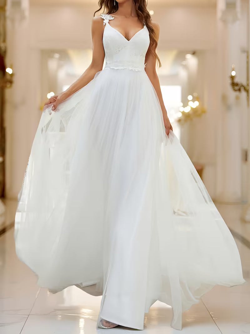 E-P Floral Embroidered Lace Mesh Spaghetti Strap Maxi Wedding Dress