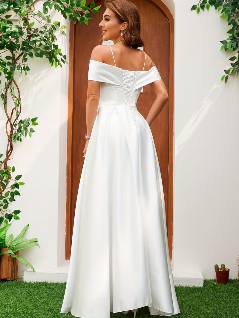 Women's Elegant Satin Wedding Dress – Off-Shoulder Bridal Gown with Statement Bow