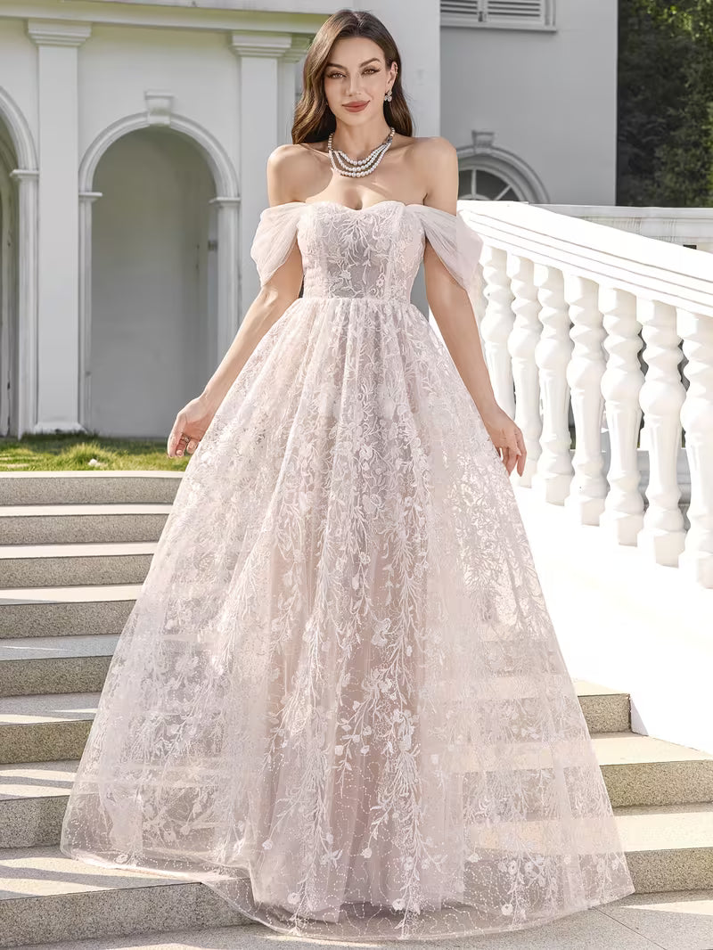 Women's White Floral Lace Bridesmaid Dress – Off-Shoulder with Crisscross Back