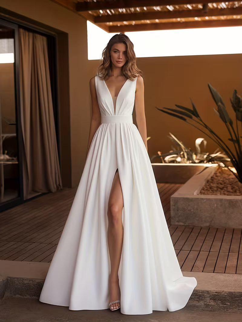 Women's Elegant Deep V-Neck Wedding Dress – High-Slit Bridal &amp; Evening Gown