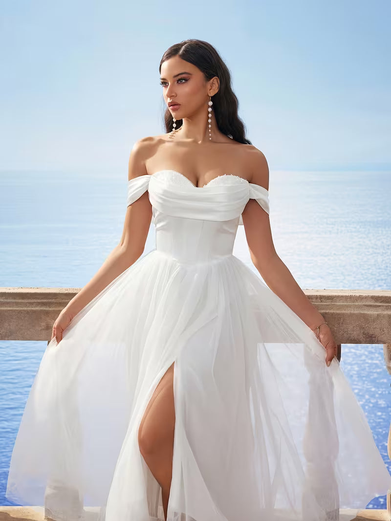 Women's Elegant One-Shoulder White Wedding Dress Gown with Flared Skirt