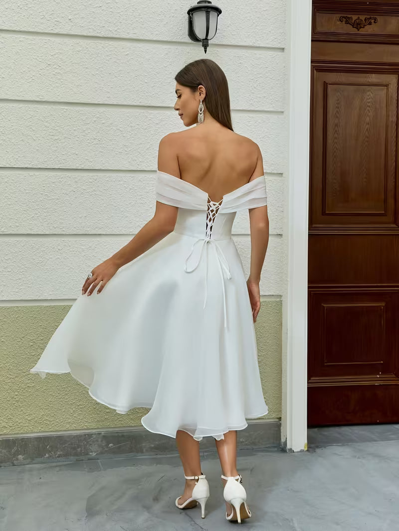 Women's Elegant Off-Shoulder Wedding Gown – Pleated Bodice White Bridal Dress with Side Slit