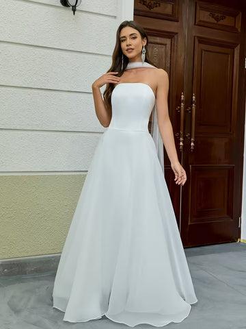 Women's Elegant Strapless White Wedding Dress – Long Bridal  Evening Gown