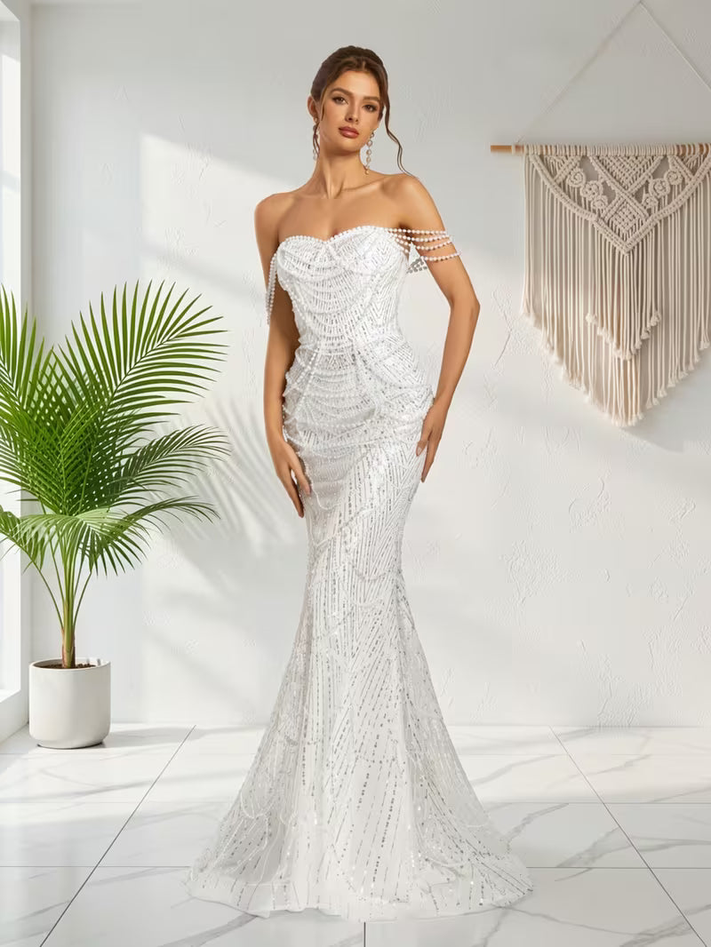 Women's White Strapless Mermaid Prom Dress – Beaded Sequin Bridal Gown with Full-Length Train