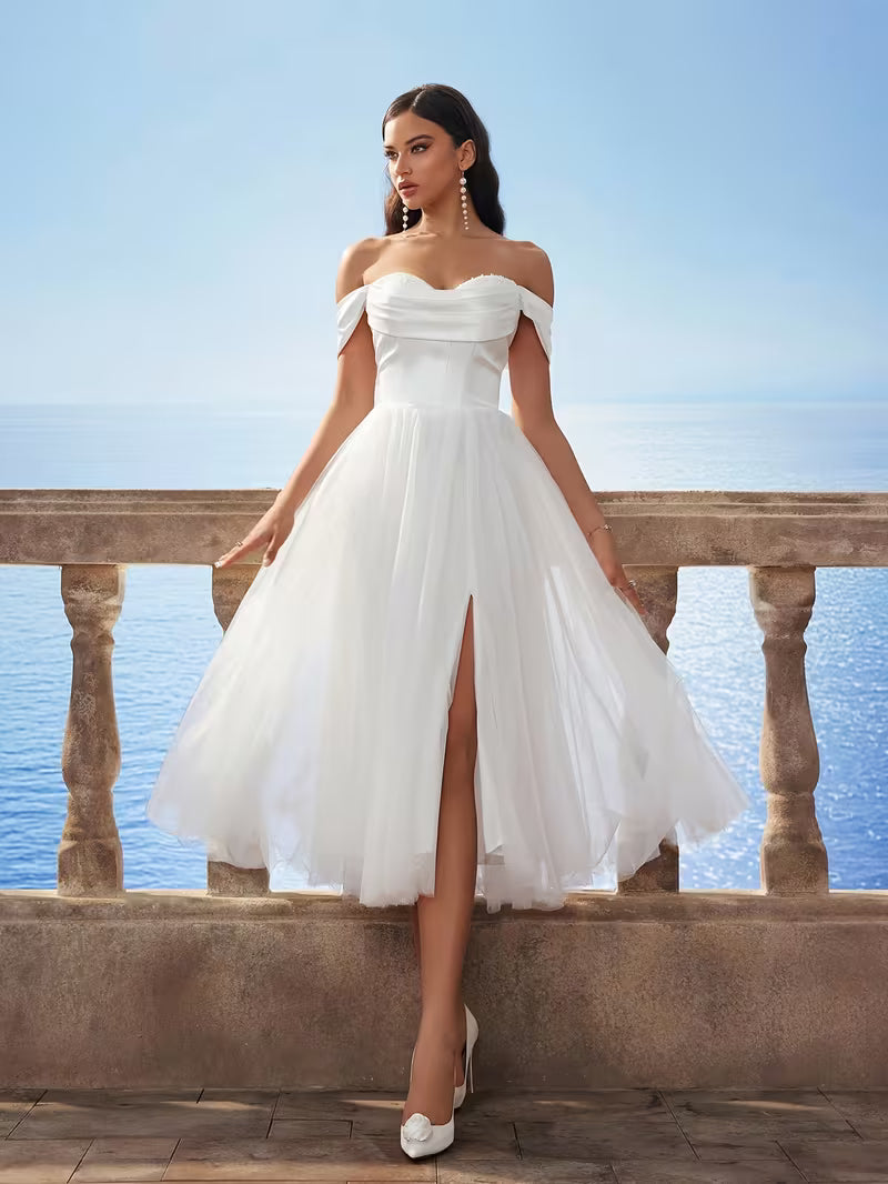 Women's Elegant One-Shoulder White Wedding Dress Gown with Flared Skirt