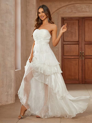 Women's Elegant Strapless Wedding Dress – Pleated Layered Bridal Gown