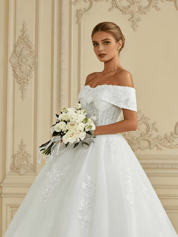 Elegant Off-Shoulder Wedding Dress with Beaded Appliqués & Sequined Mesh