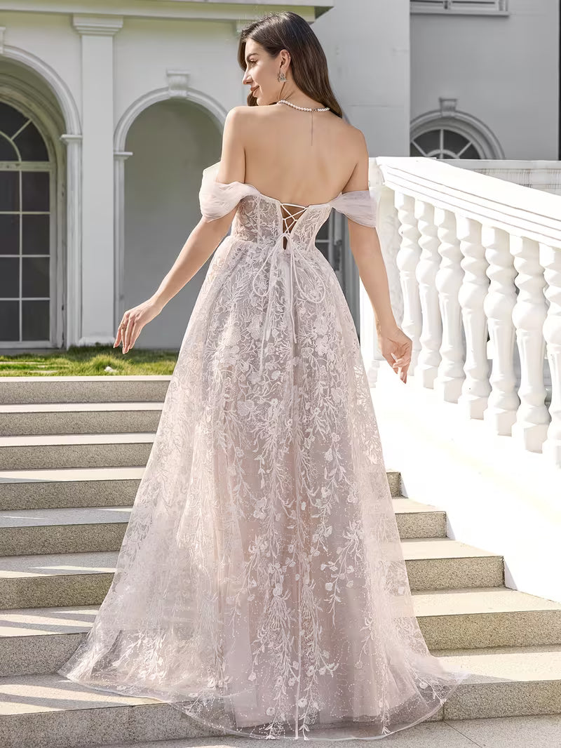 Women's White Floral Lace Bridesmaid Dress – Off-Shoulder with Crisscross Back