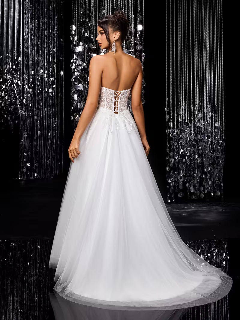 Women's Princess A-Line Wedding Dress – Sweetheart Neckline Beaded Bodice Tulle Ball Gown