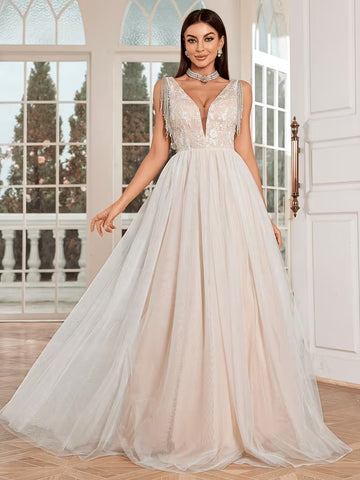 Women's Elegant Deep V-Neck Lace Wedding Dress – Full-Length Bridal Gown with Train
