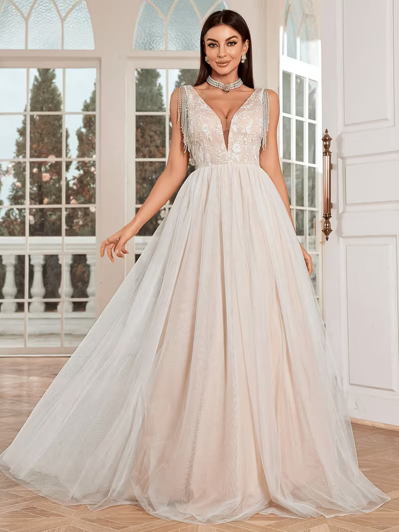 Women's Elegant Deep V-Neck Lace Wedding Dress – Full-Length Bridal Gown with Train