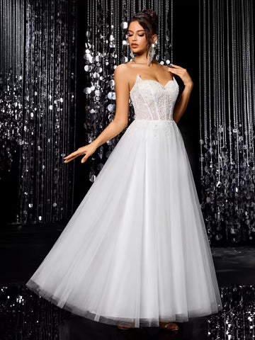 Women's Princess A-Line Wedding Dress – Sweetheart Neckline Beaded Bodice Tulle Ball Gown