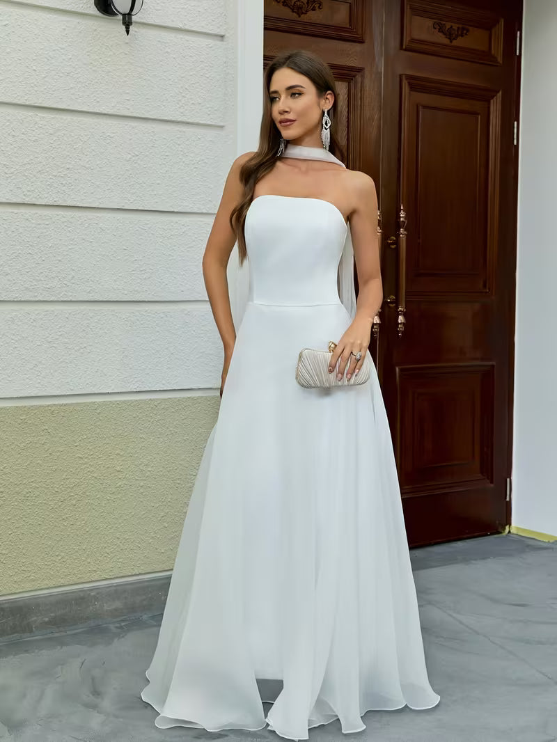 Women's Elegant Strapless White Wedding Dress – Long Bridal  Evening Gown