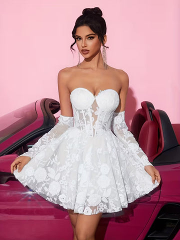 Women's Lace Embroidered Cami Mini Dress – Sweetheart Neckline A-Line Party Dress with Tie-Up Back
