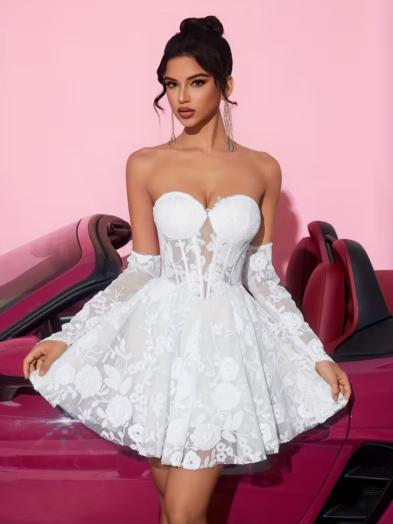 Women's Lace Embroidered Cami Mini Dress – Sweetheart Neckline A-Line Party Dress with Tie-Up Back