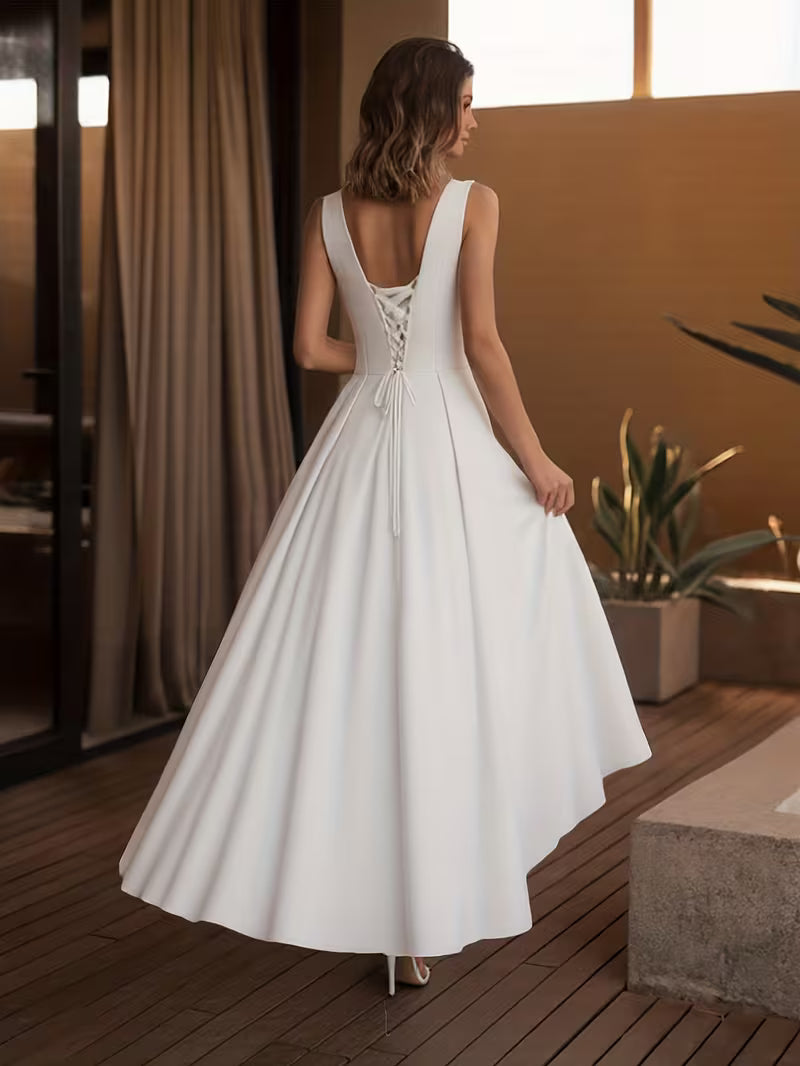 Women's Elegant Deep V-Neck Wedding Dress – High-Slit Bridal &amp; Evening Gown