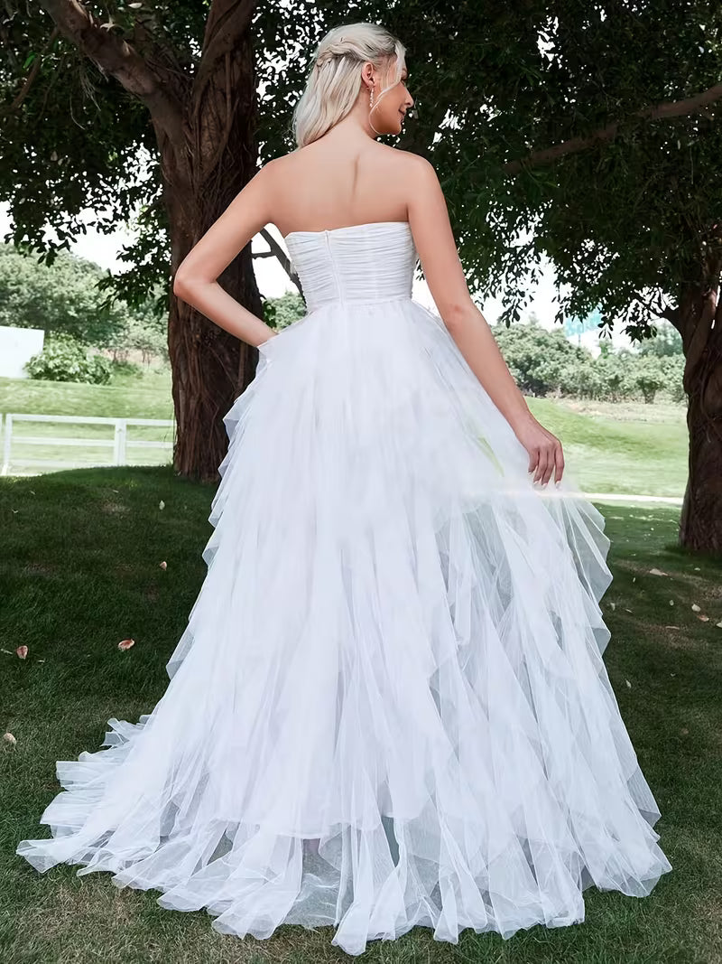 Women's Romantic Strapless Wedding Dress – Layered Ruffled Tulle A-Line Bridal Gown