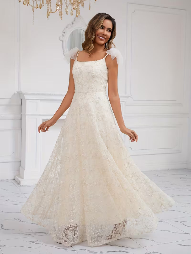 Elegant Women's Sequin Maxi Gown – Spaghetti Strap 3D Floral Mesh Bridal Graduation Dress
