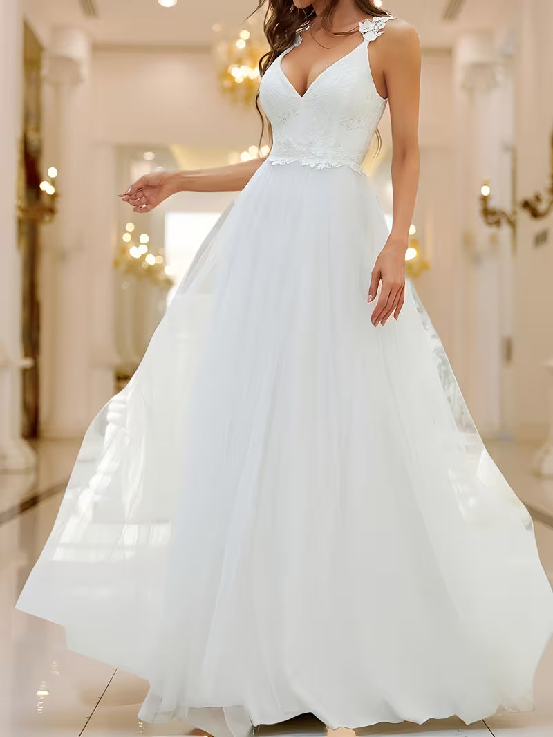 E-P Floral Embroidered Lace Mesh Spaghetti Strap Maxi Wedding Dress