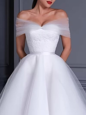 Women's Elegant White Off-Shoulder Tulle Wedding &amp; Evening Gown