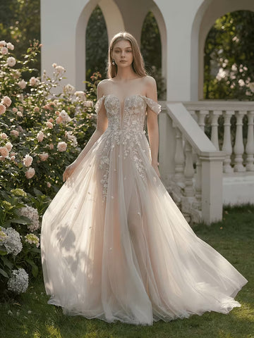 Women's Elegant Off-Shoulder Deep V-Neck Lace Wedding Dress