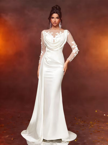 Women's Elegant Lace Long Formal Evening Dress – Slim Waist Prom & Party Gown