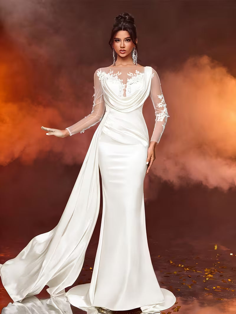 Women's Elegant Lace Long Formal Evening Dress – Slim Waist Prom & Party Gown