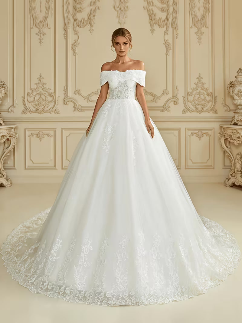 Elegant Off-Shoulder Wedding Dress with Beaded Appliqués & Sequined Mesh