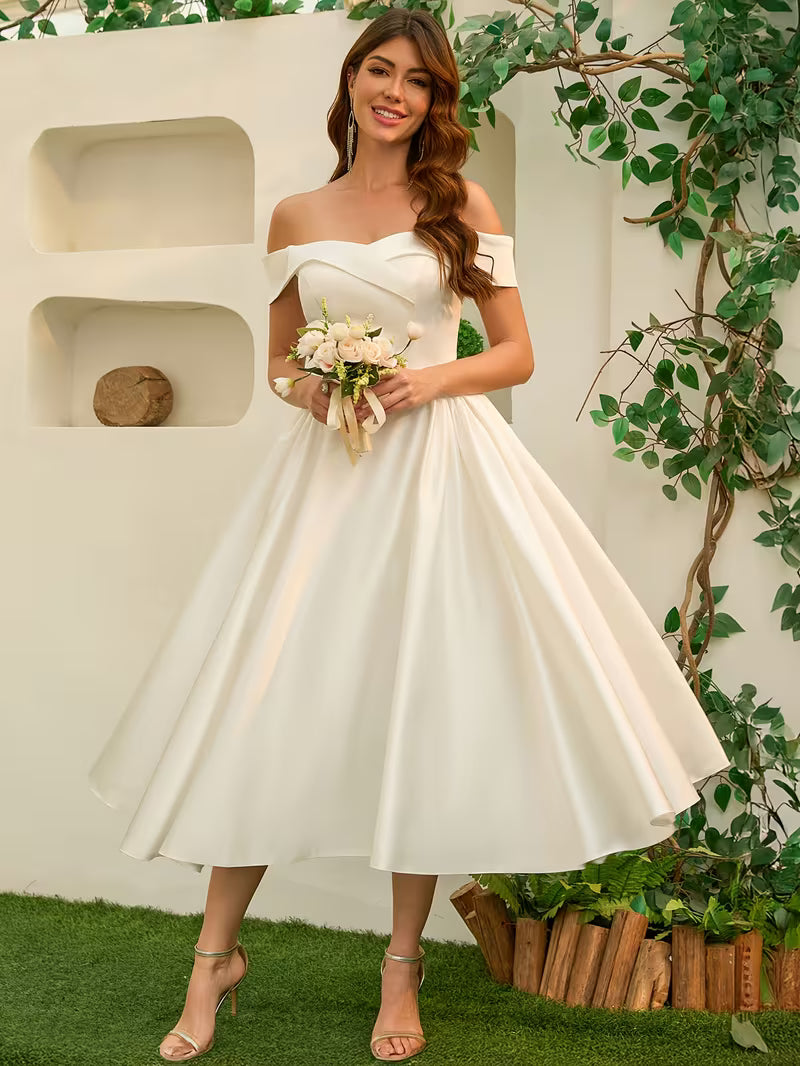 Women's Elegant Satin Wedding Dress – One-Shoulder White Bridal Ball Gown
