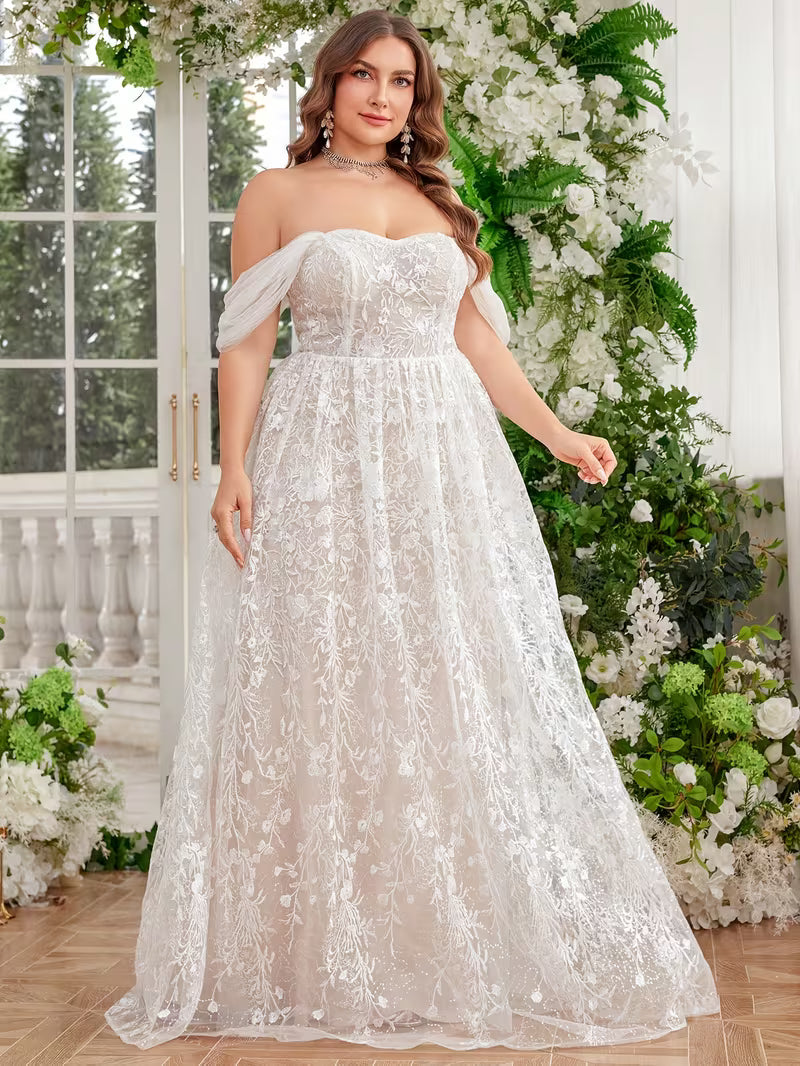 Plus Size White Wedding Dress for Women – Off-Shoulder Floral Lace Embroidered A-Line Evening Gown