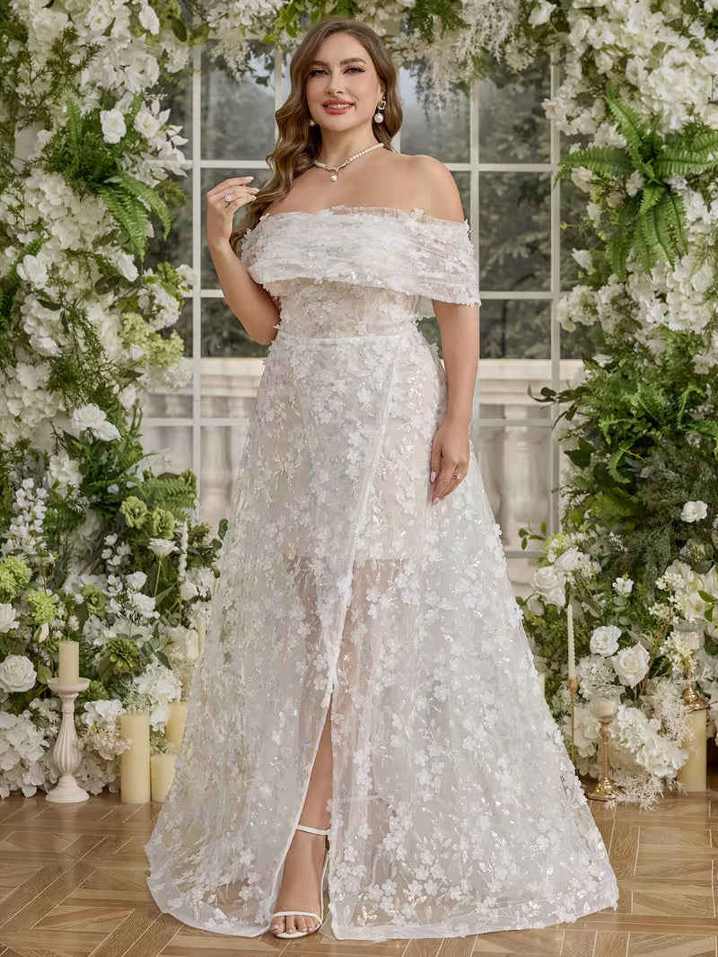 Plus Size Off-Shoulder Wedding Dress for Women – Elegant Waist-Cinching Gown with Thigh-High Slit