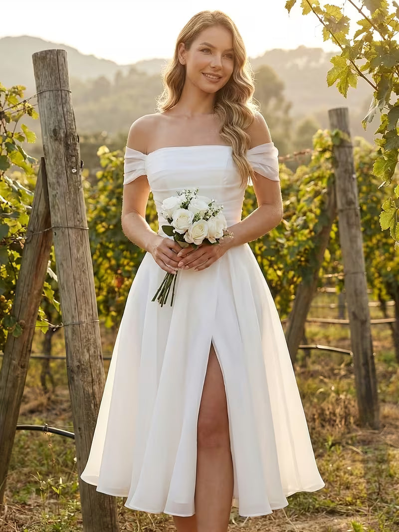 Women's Elegant Off-Shoulder Wedding Gown – Pleated Bodice White Bridal Dress with Side Slit