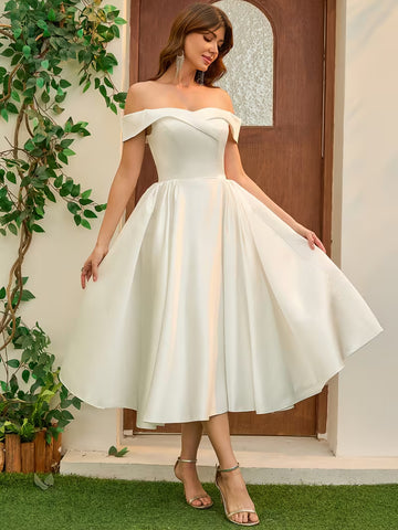 Women's Elegant Satin Wedding Dress – One-Shoulder White Bridal Ball Gown