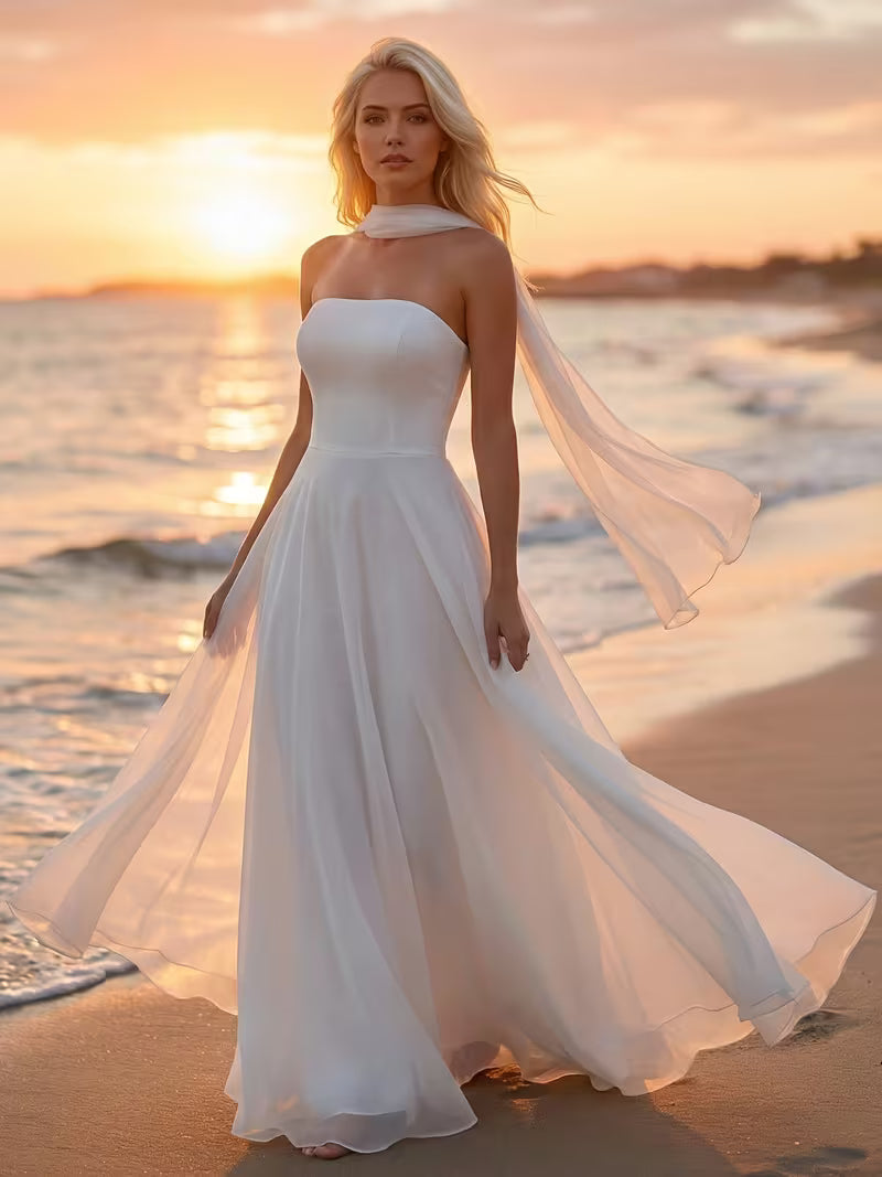 Women's Elegant Strapless White Wedding Dress – Long Bridal &amp; Evening Gown
