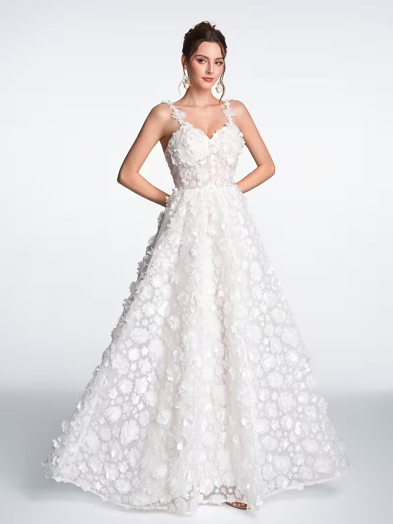 Women's Luxury 3D Floral Layered Evening Gown – Satin Tie-Back Formal Dress
