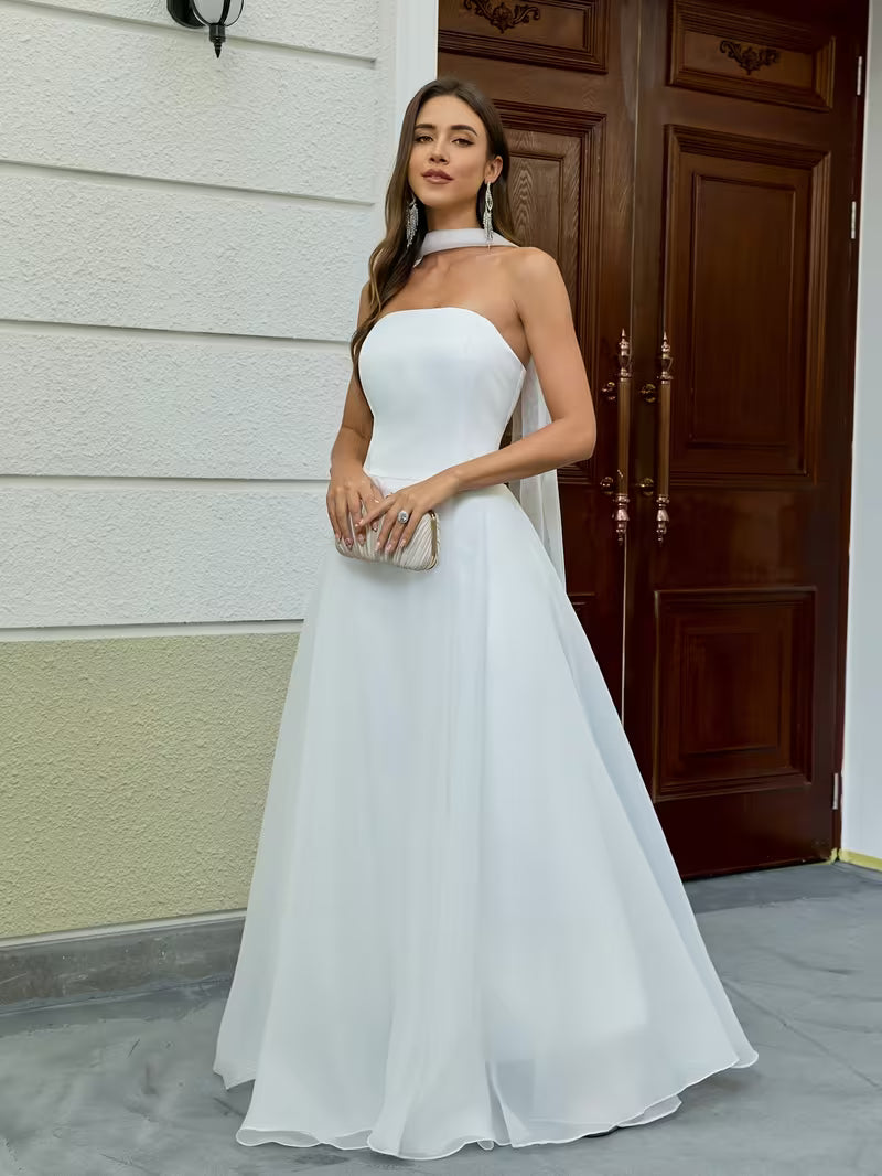 Women's Elegant Strapless White Wedding Dress – Long Bridal &amp; Evening Gown