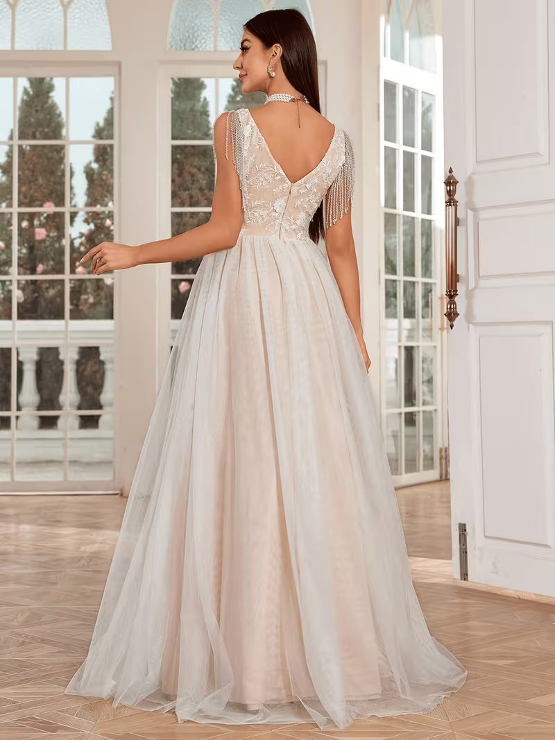 Women's Elegant Deep V-Neck Lace Wedding Dress – Full-Length Bridal Gown with Train