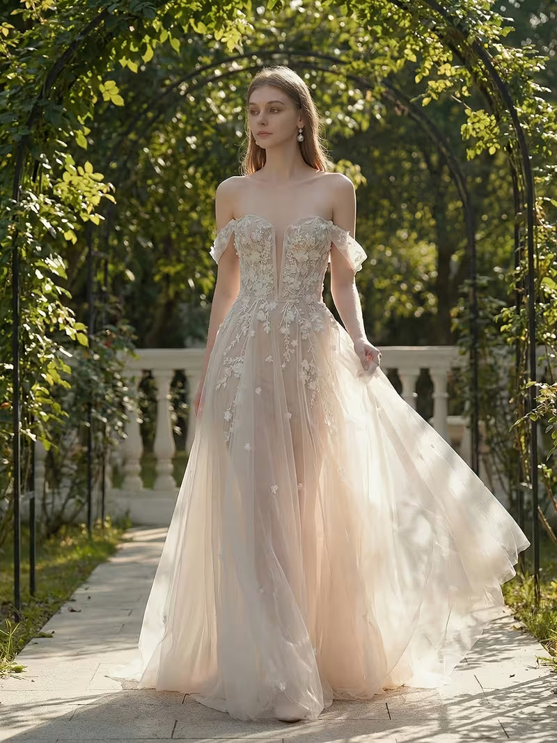 Women's Elegant Off-Shoulder Deep V-Neck Lace Wedding Dress