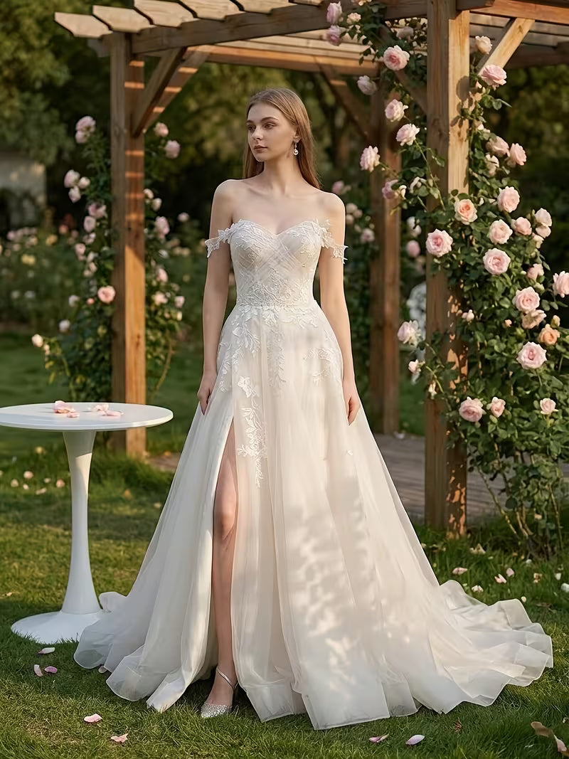 Women's Elegant Off-Shoulder Lace Wedding Dress with Sweetheart Neckline