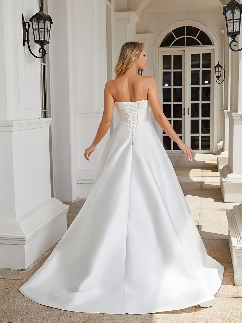 Women's Luxury Mikado Satin Wedding Dress – Strapless A-Line Bridal Gown with Off-Shoulder Detail