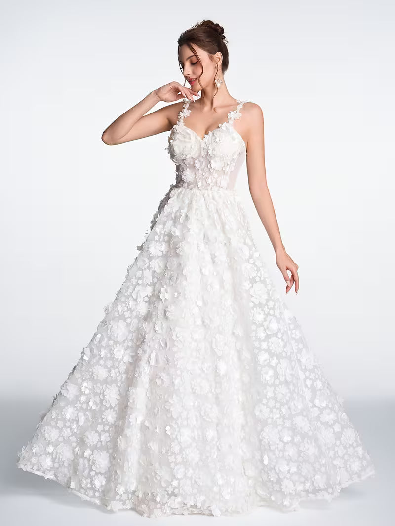 Women's Luxury 3D Floral Layered Evening Gown – Satin Tie-Back Formal Dress