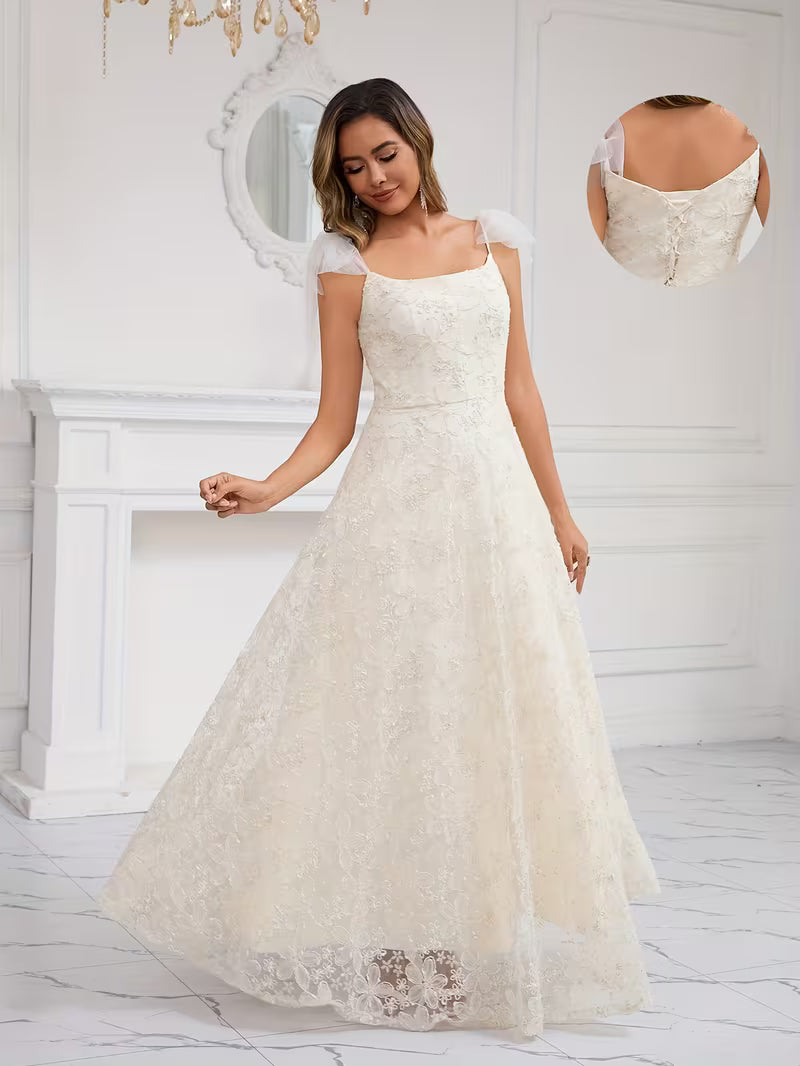Elegant Women's Sequin Maxi Gown – Spaghetti Strap 3D Floral Mesh Bridal Graduation Dress