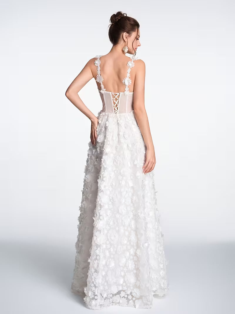 Women's Luxury 3D Floral Layered Evening Gown – Satin Tie-Back Formal Dress