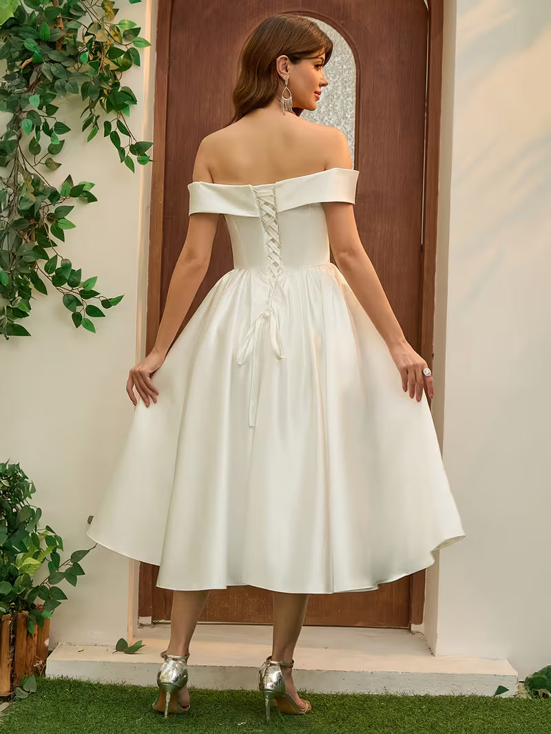 Women's Elegant Satin Wedding Dress – One-Shoulder White Bridal Ball Gown