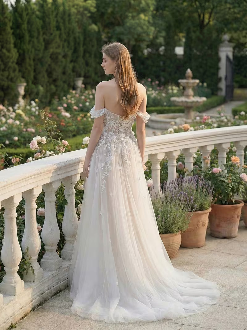 Women's Elegant Off-Shoulder Deep V-Neck Lace Wedding Dress